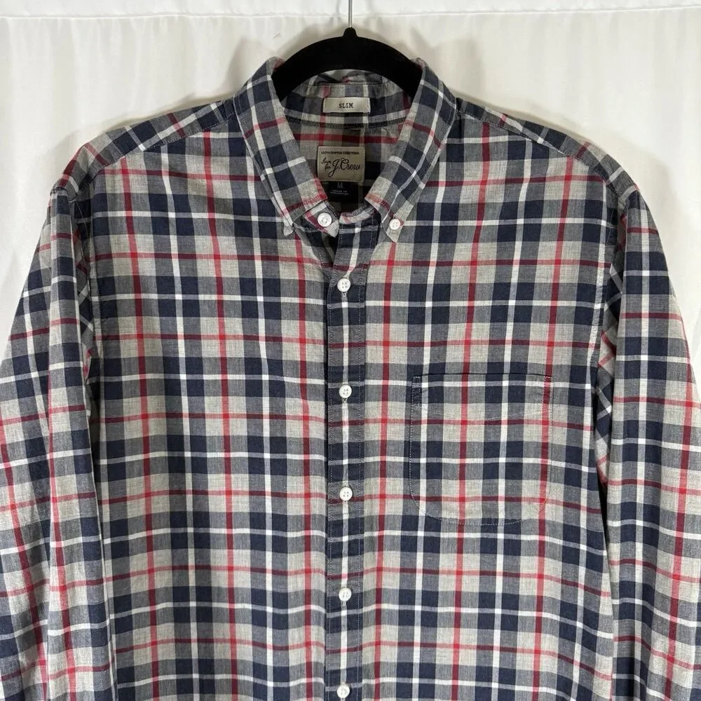 J Crew Button Up Shirt Men's Medium Blue Red Plaid Slim Fit Pocket Long Sleeve